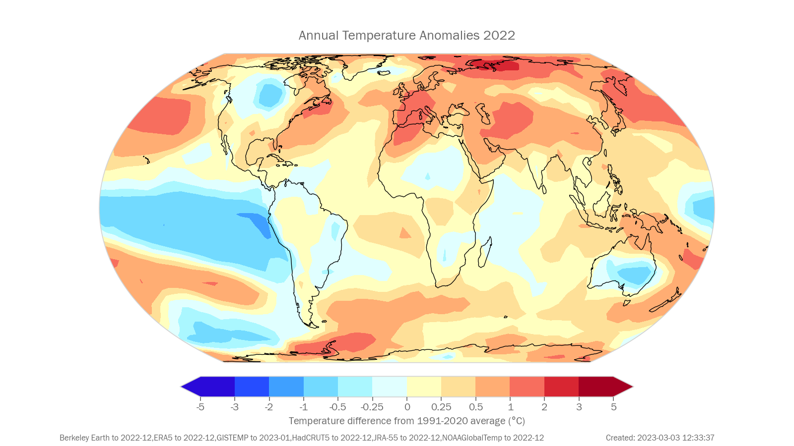 Annual Near surface temperature anomaly (°C, difference from the 1991-2020 average)  for 2022. Data shown are the median of the following six data sets: Berkeley Earth, ERA5, GISTEMP, HadCRUT5, JRA-55, NOAAGlobalTemp.