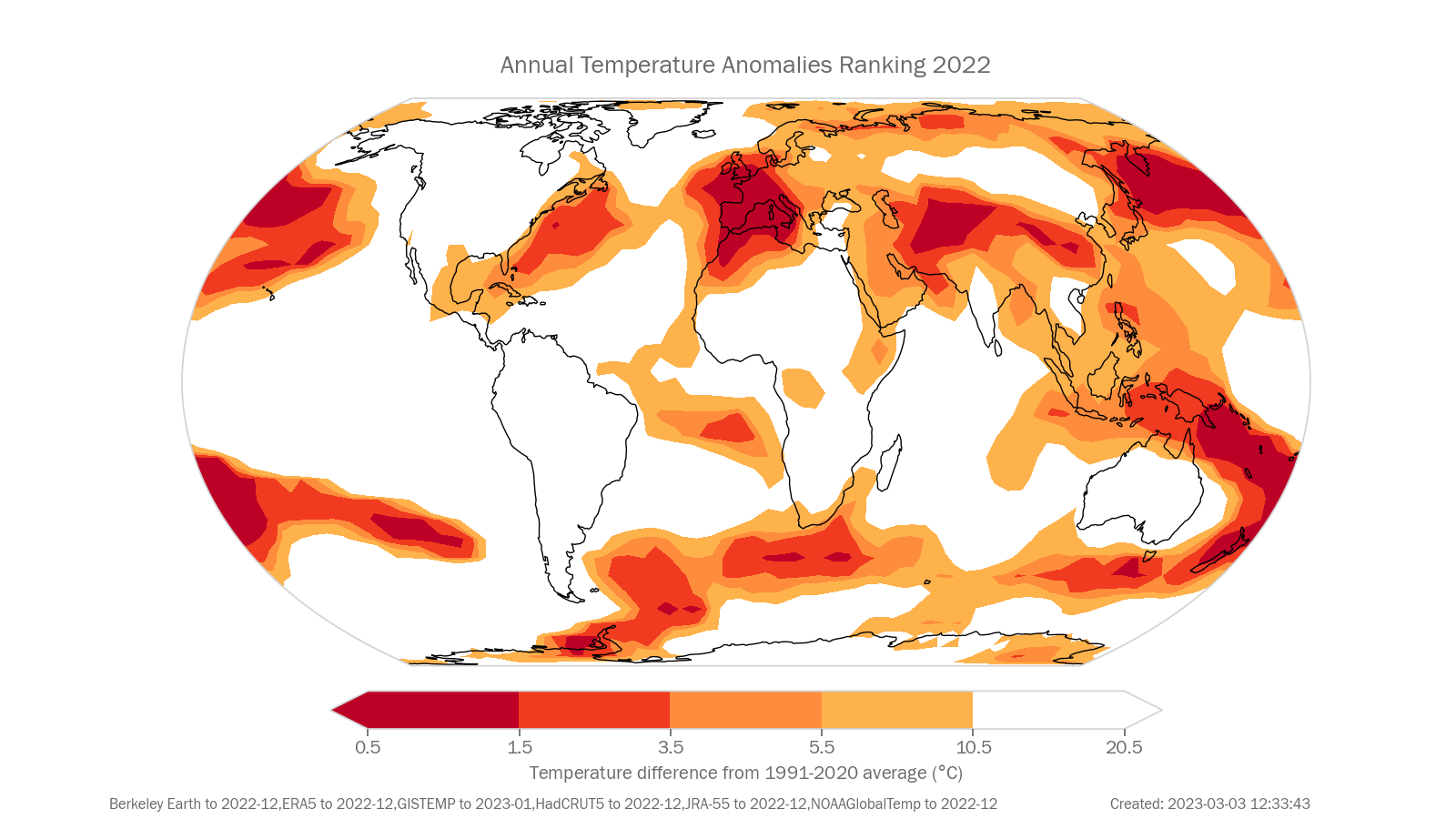 Annual Near surface temperature rank (°C)  for 2022. Data shown are the median rank of the following six data sets: Berkeley Earth, ERA5, GISTEMP, HadCRUT5, JRA-55, NOAAGlobalTemp.