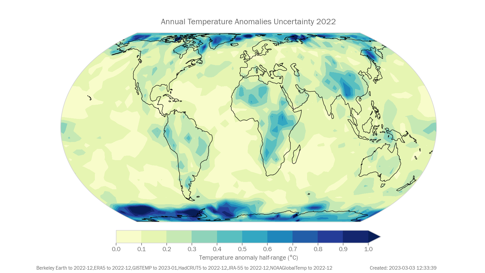 Annual Near surface temperature uncertainty (°C)  for 2022. Data shown are the half-range of the following six data sets: Berkeley Earth, ERA5, GISTEMP, HadCRUT5, JRA-55, NOAAGlobalTemp.
